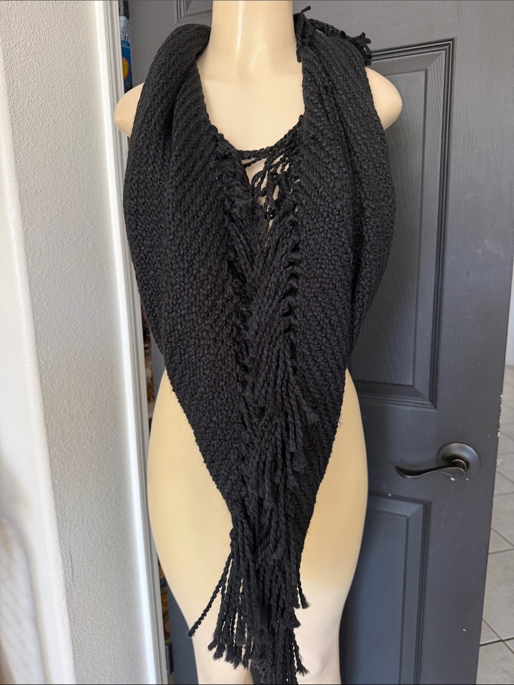Black Knit Fringe Triangle Scarf - Women’s Wrap